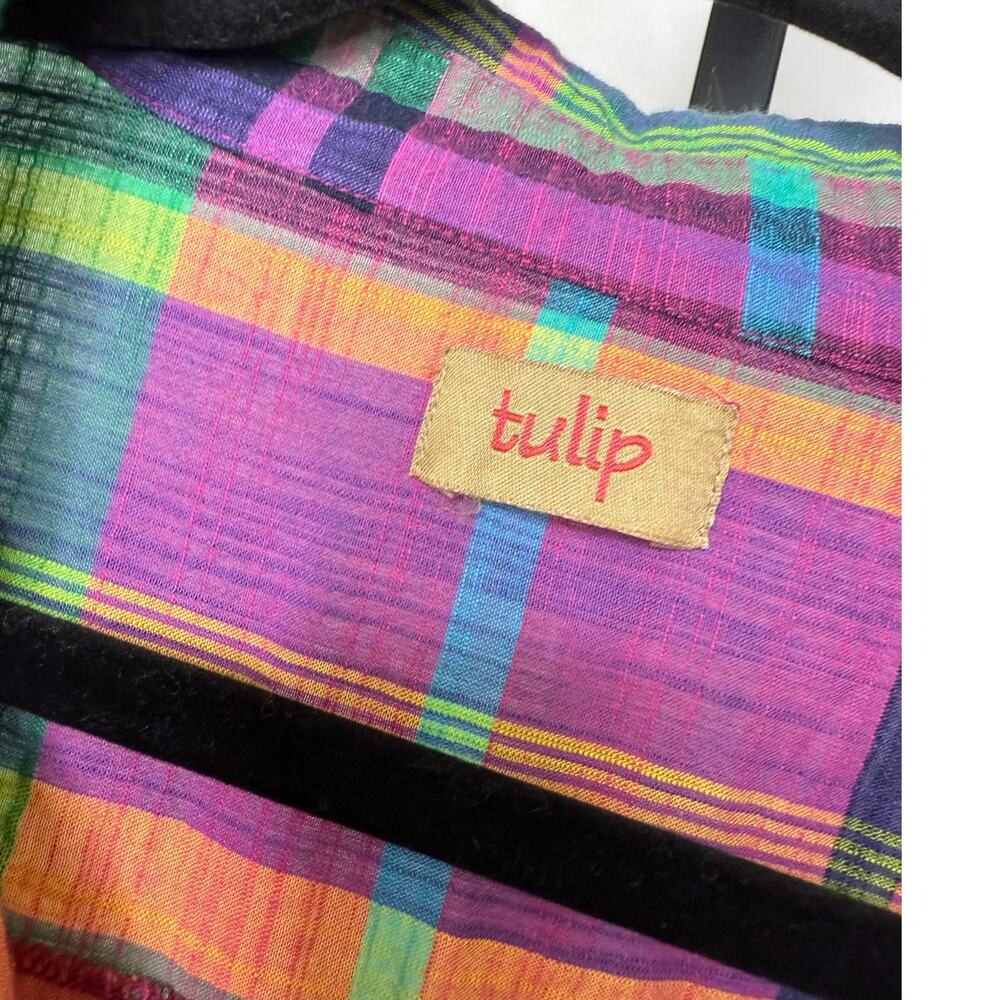 Tulip Colorful Plaid Button Down Tunic Shirt Lagenlook Art To Wear Size Large - Picture 4 of 7